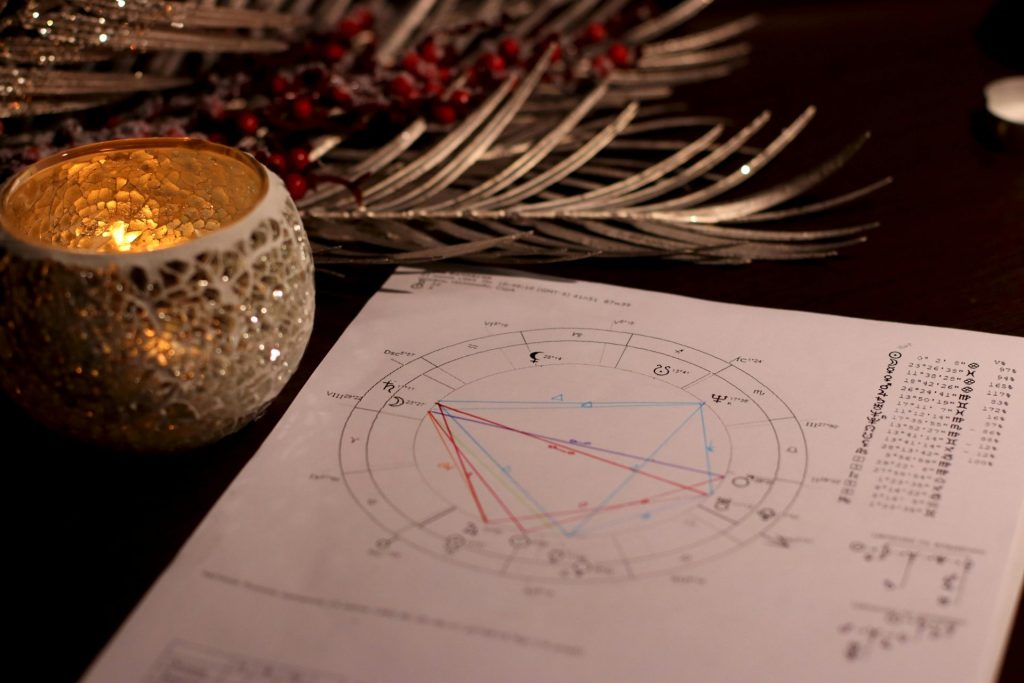 Un décor chaleureux éclairé aux chandelles, orné d'un thème astrologique natal, idéal pour les thèmes divinatoires.